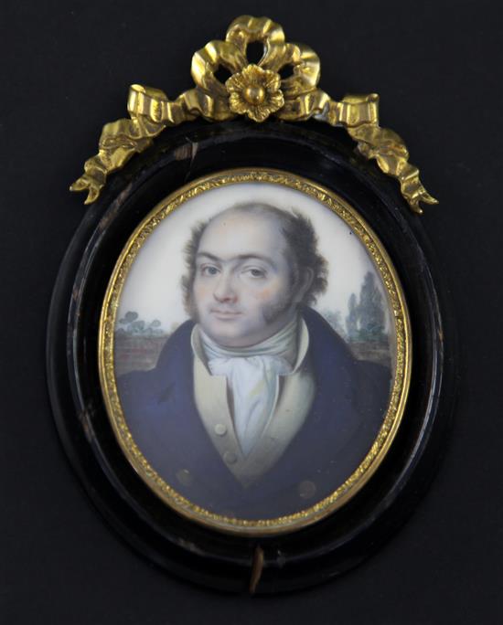 19th Century Continental School Miniature of a gentleman, a wall and trees beyond, 2.75 x 2.25in.